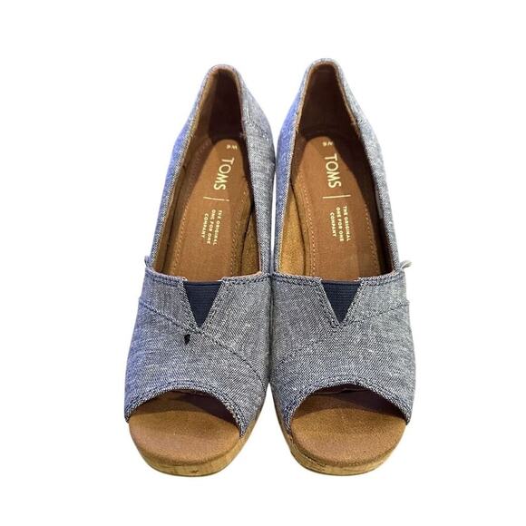 TOMS Women's Blue Chambray Wedge Slip-On Peep Toe Heels Casual size 6 - Picture 1 of 12